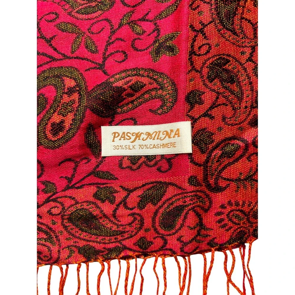Pashmina Red Orange Paisley Silk Cashmere Blend Fringed Shawl Wrap Scarf Elegant